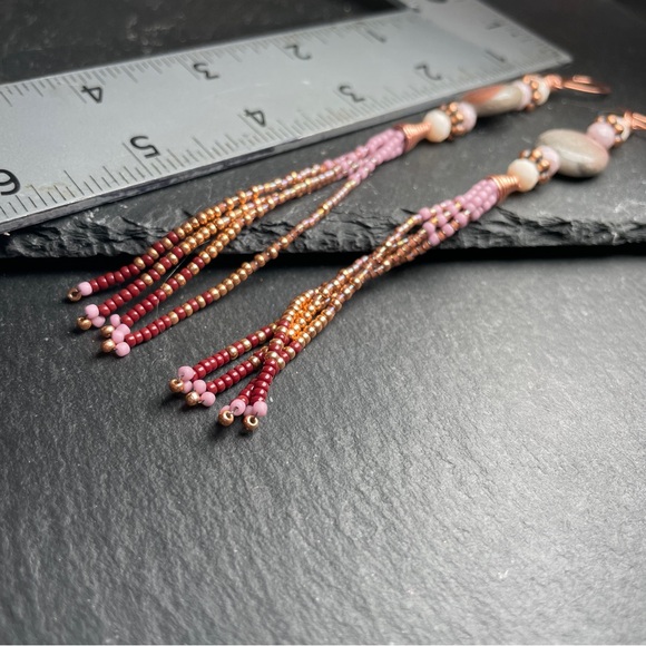 CCO REDUCED Elegant Gray And Pink Agate Beaded Dangle Fringe Earrings - Picture 14 of 15